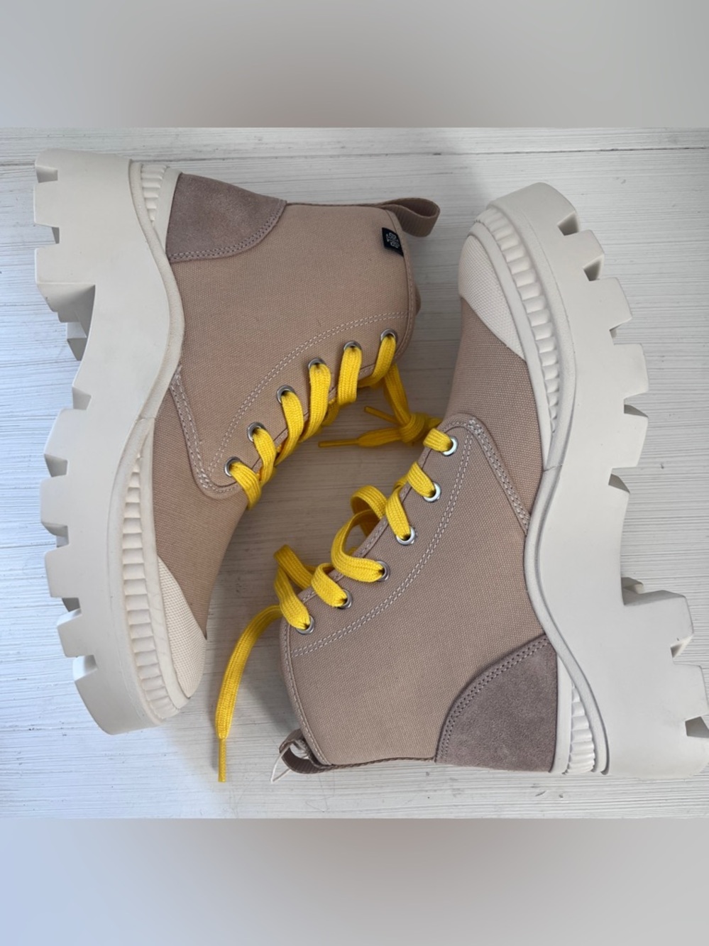 Tory Burch Beige Chunky Platform Lace-Up Boots with Yellow Laces